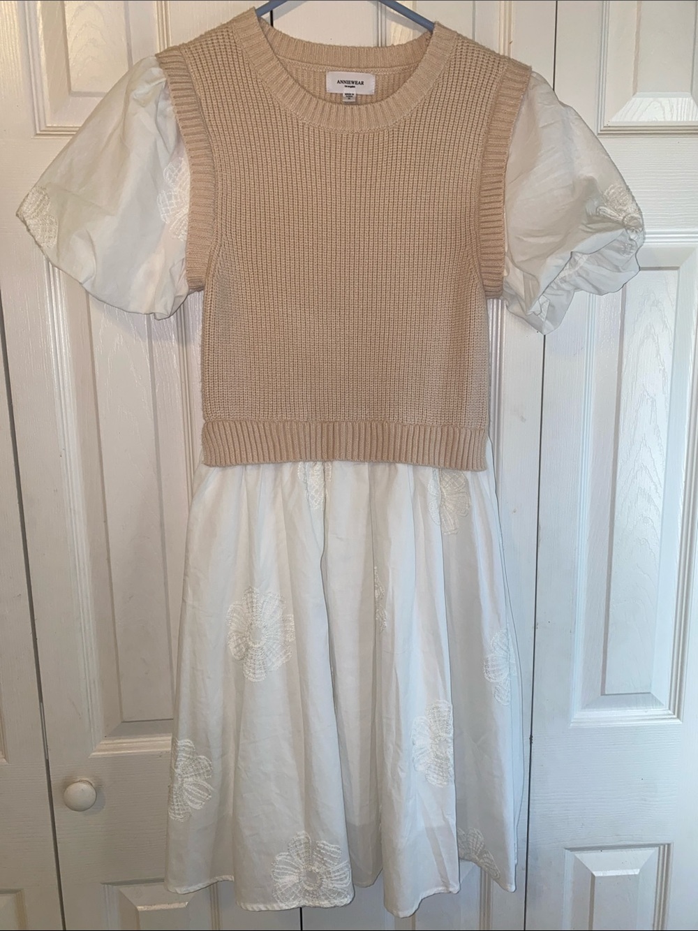 Annie Cream Knit Vest Over White Puff-Sleeve Dress